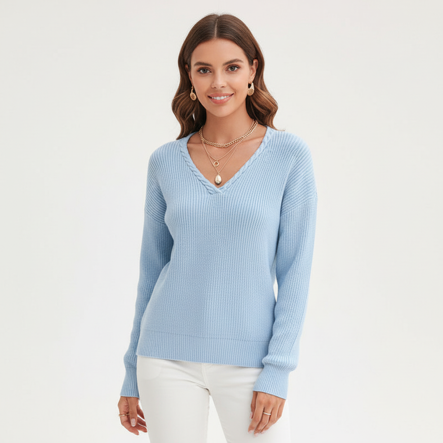 Gloria-Erna | Women's Ribbed V-Neck Long-Sleeve Sweater