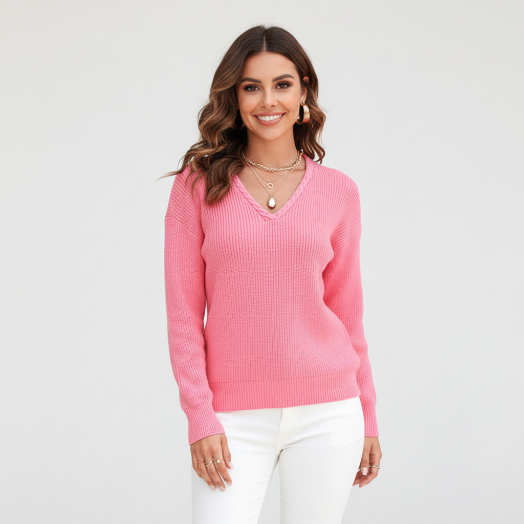 Gloria-Erna | Women's Ribbed V-Neck Long-Sleeve Sweater