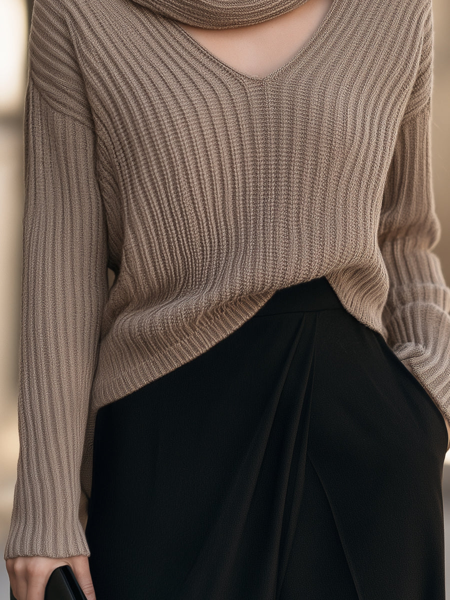 Astrid-Frida | Women's Ribbed V-Neck Sweater Dress with Neck Warmer
