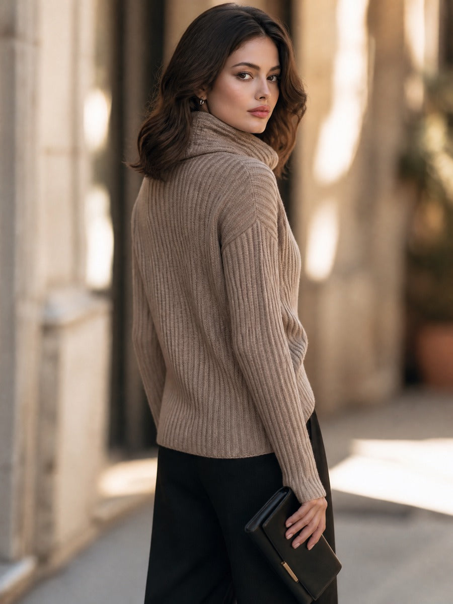 Astrid-Frida | Women's Ribbed V-Neck Sweater Dress with Neck Warmer