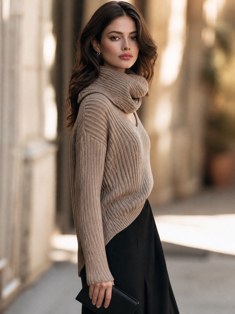 Astrid-Frida | Women's Ribbed V-Neck Sweater Dress with Neck Warmer
