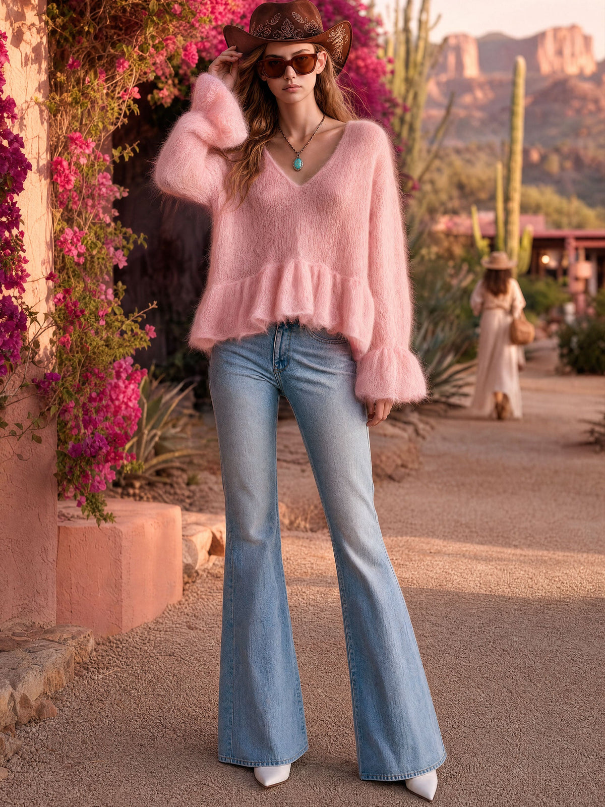 Rhea | Women's Ruffled V-Neck Long-Sleeve Pullover Sweater