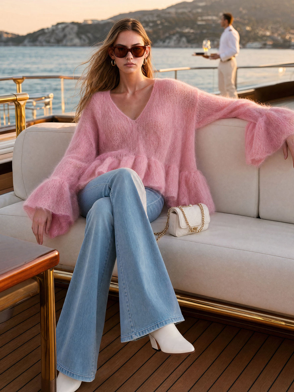 Rhea | Women's Ruffled V-Neck Long-Sleeve Pullover Sweater