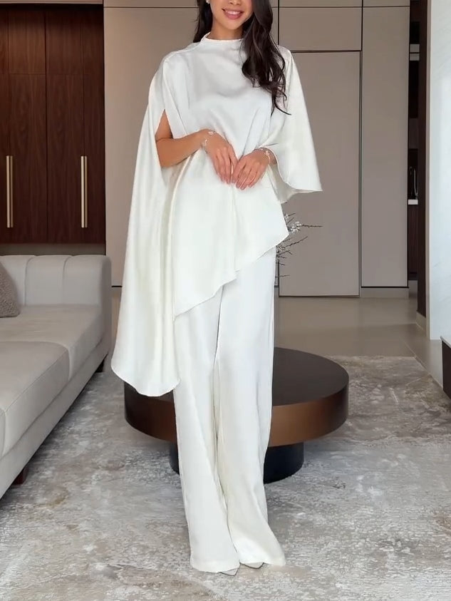 Teresa-Eleanor | Women's Satin Cape Top & Wide-Leg Trouser Set