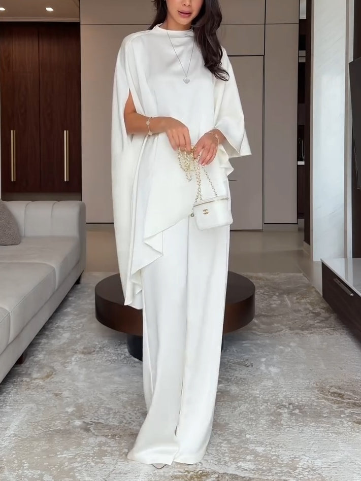 Teresa-Eleanor | Women's Satin Cape Top & Wide-Leg Trouser Set