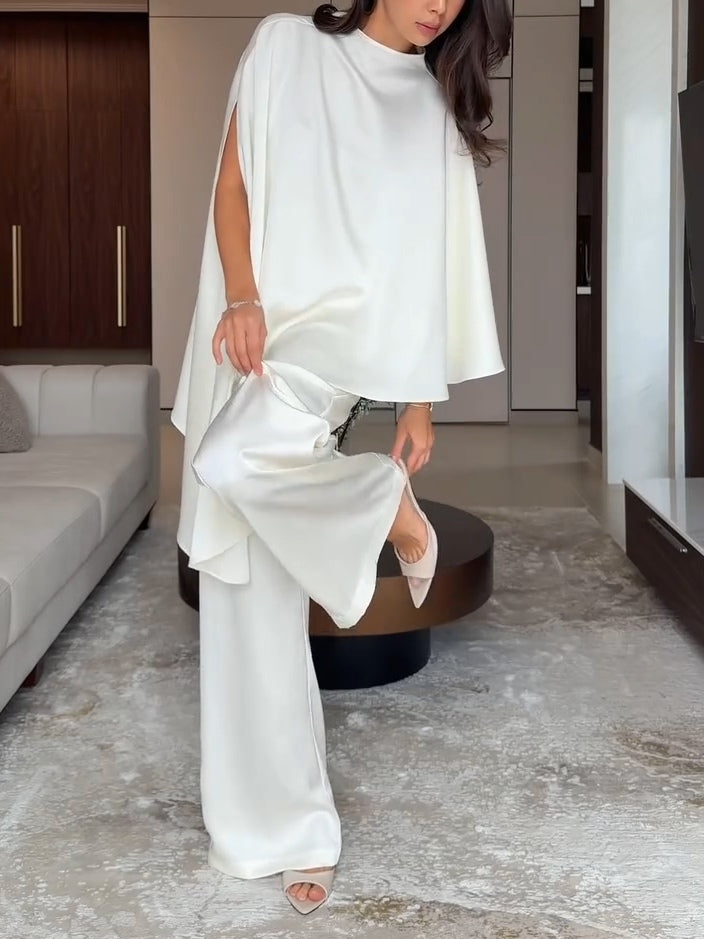 Teresa-Eleanor | Women's Satin Cape Top & Wide-Leg Trouser Set