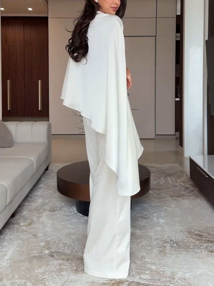 Teresa-Eleanor | Women's Satin Cape Top & Wide-Leg Trouser Set