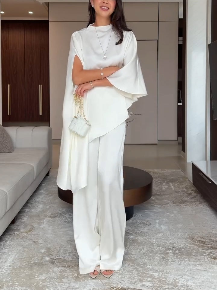 Teresa-Eleanor | Women's Satin Cape Top & Wide-Leg Trouser Set