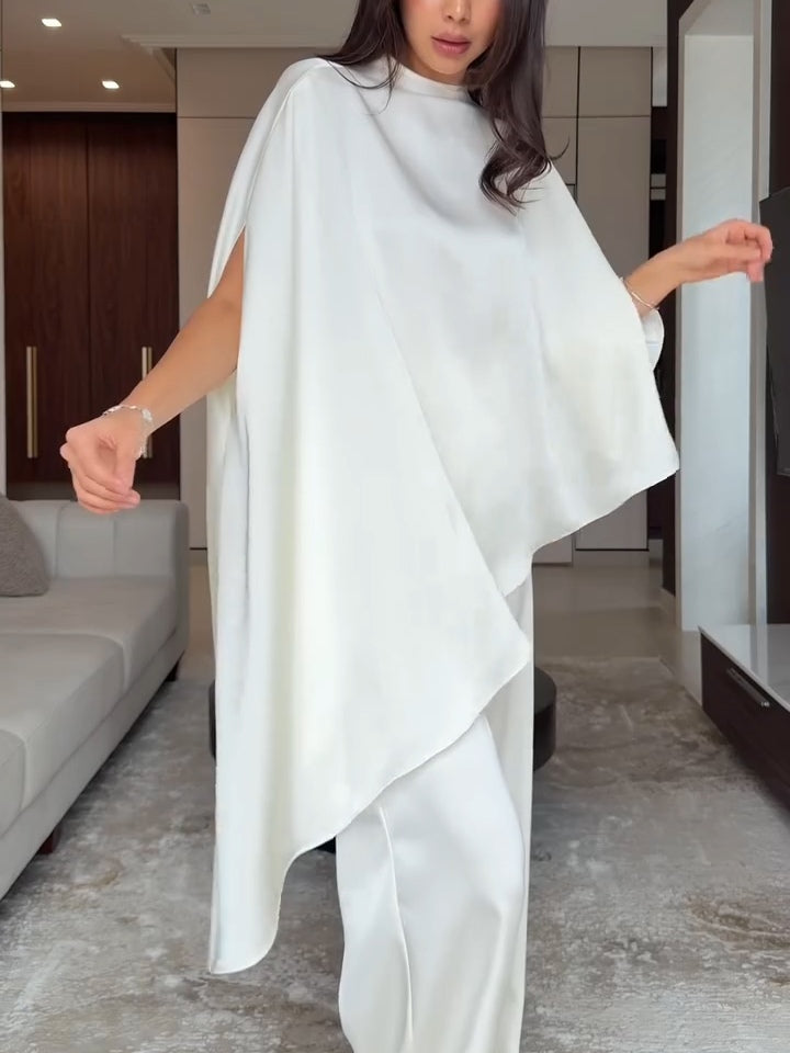 Teresa-Eleanor | Women's Satin Cape Top & Wide-Leg Trouser Set