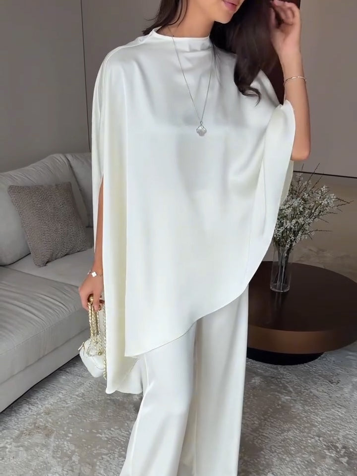 Teresa-Eleanor | Women's Satin Cape Top & Wide-Leg Trouser Set