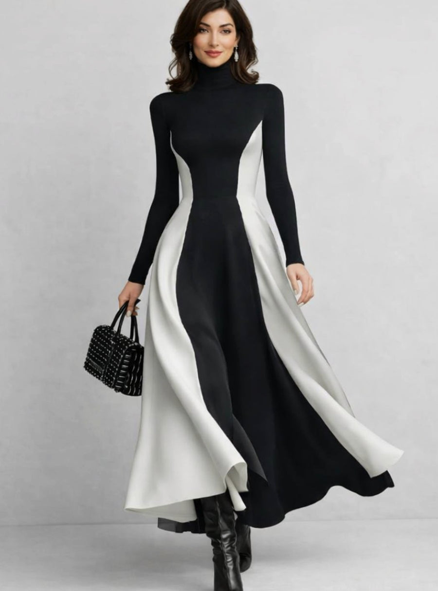 Meredith | Women's Sculpted Contrast-Panel Turtleneck Maxi Dress
