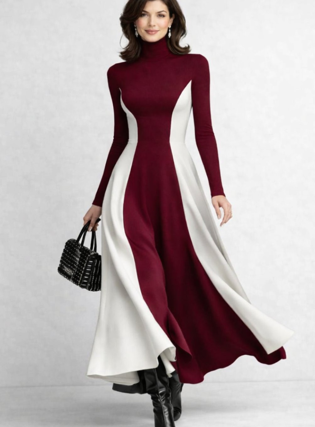 Meredith | Women's Sculpted Contrast-Panel Turtleneck Maxi Dress