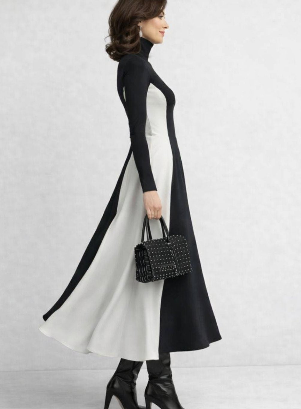 Meredith | Women's Sculpted Contrast-Panel Turtleneck Maxi Dress