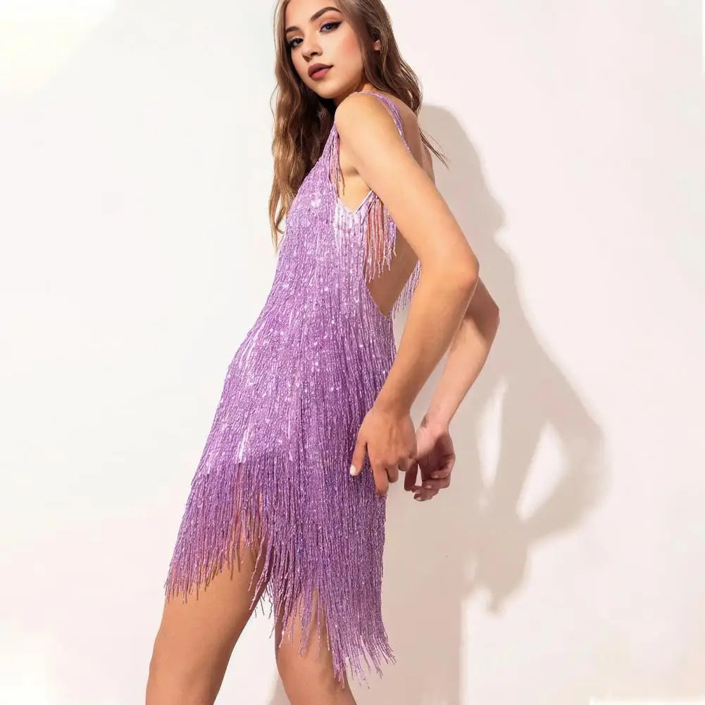 Olive | Women's Sequin Fringe V-Neck Mini Dress