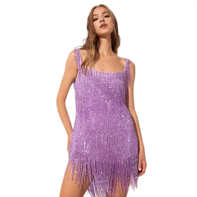 Olive | Women's Sequin Fringe V-Neck Mini Dress