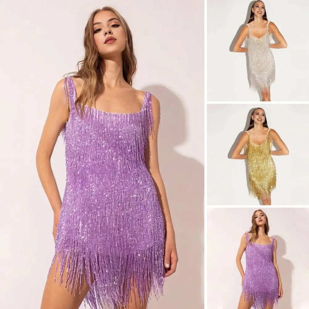 Olive | Women's Sequin Fringe V-Neck Mini Dress