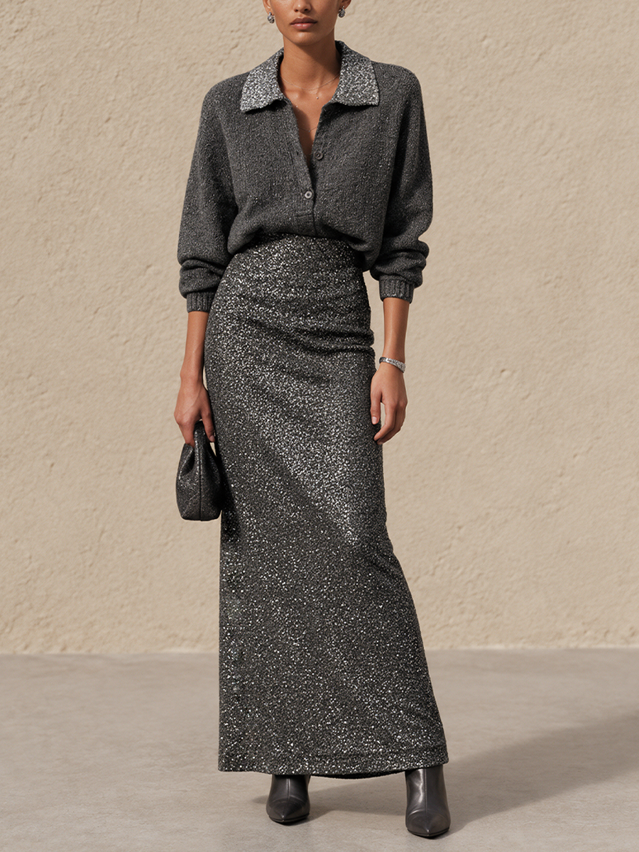 Ruth-Ophelia | Women's Sequin-Trim Collared Sweater & Fitted Maxi Skirt Set
