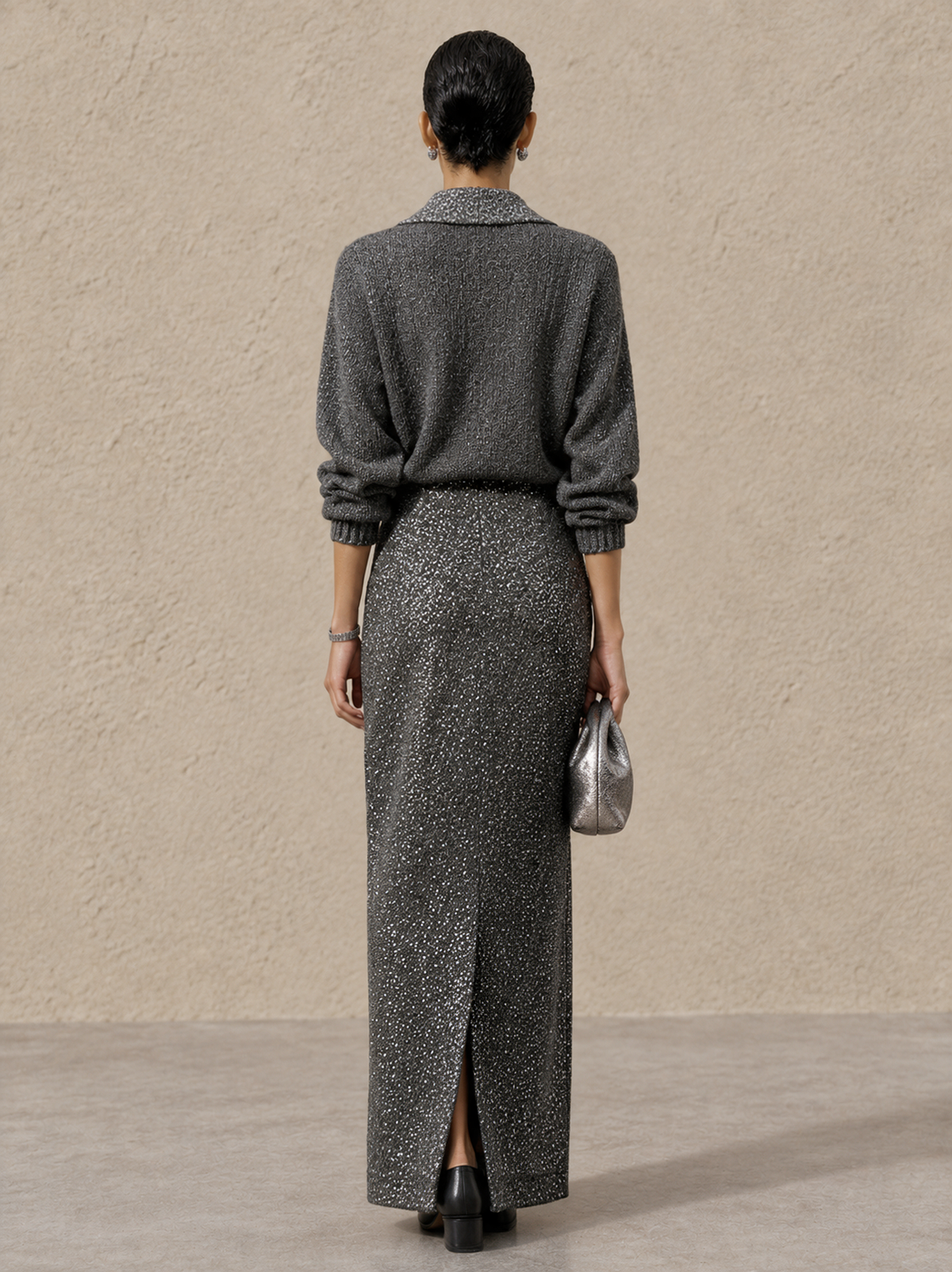 Ruth-Ophelia | Women's Sequin-Trim Collared Sweater & Fitted Maxi Skirt Set