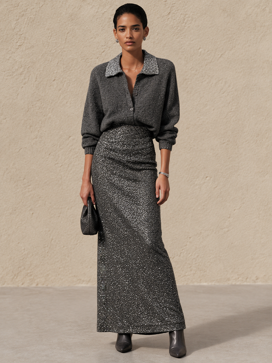 Ruth-Ophelia | Women's Sequin-Trim Collared Sweater & Fitted Maxi Skirt Set