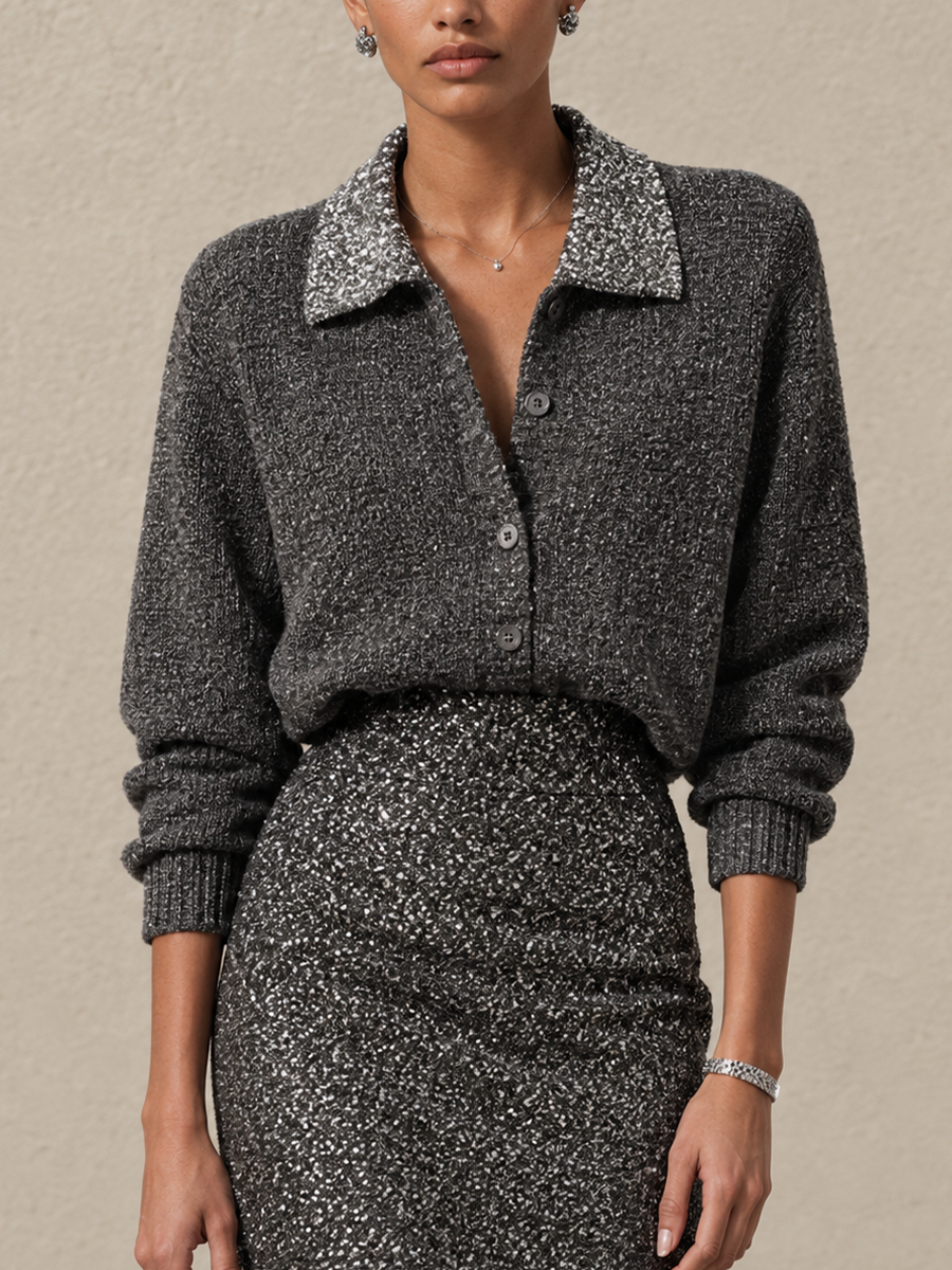Ruth-Ophelia | Women's Sequin-Trim Collared Sweater & Fitted Maxi Skirt Set