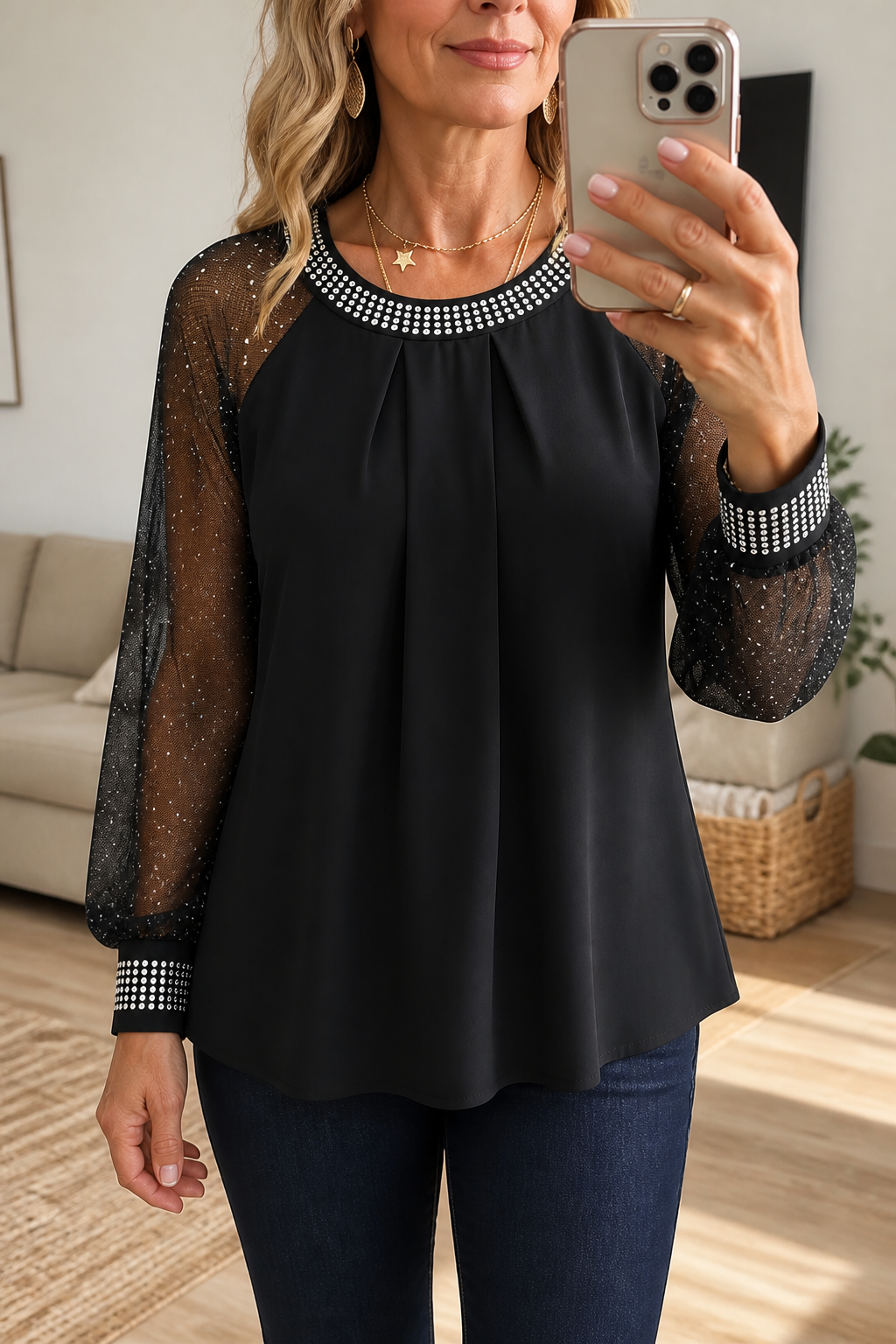 Patricia | Women's Sequin-Trim Sheer-Sleeve Pleated Blouse