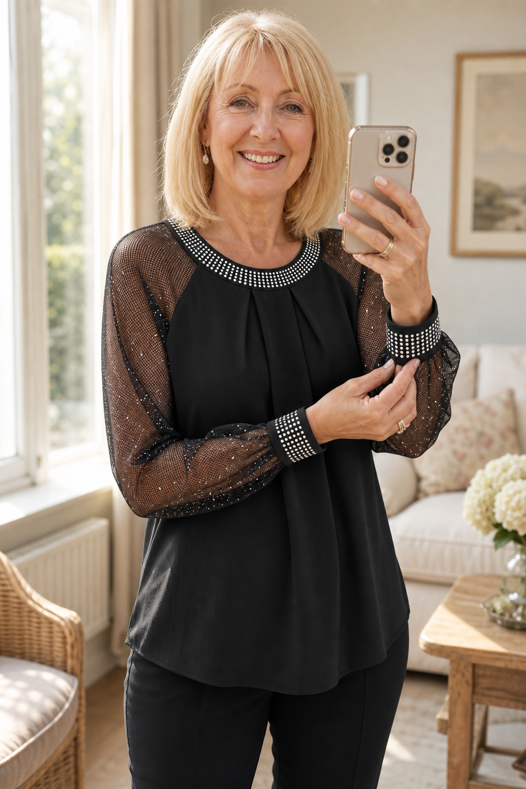 Patricia | Women's Sequin-Trim Sheer-Sleeve Pleated Blouse
