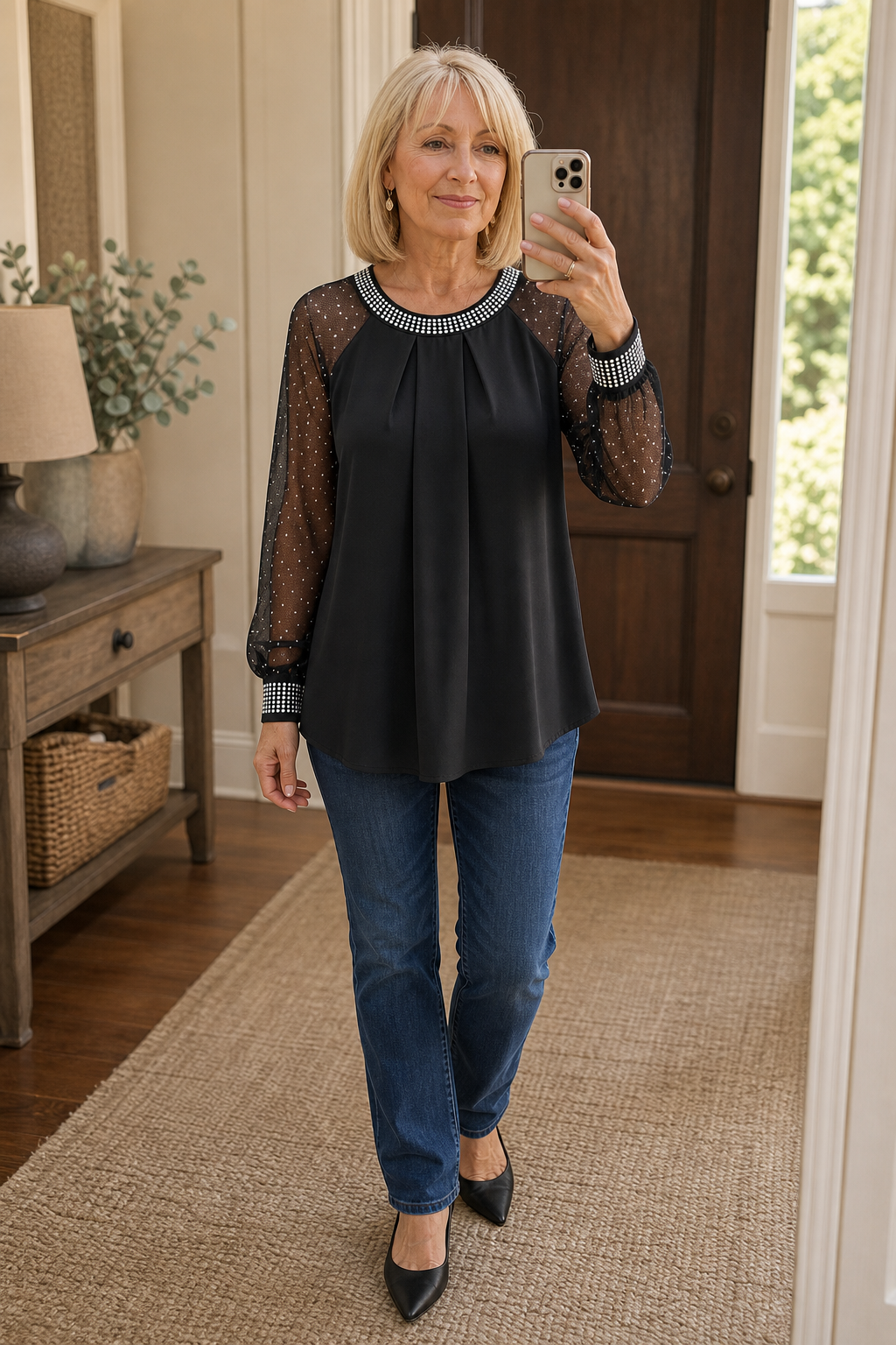 Patricia | Women's Sequin-Trim Sheer-Sleeve Pleated Blouse