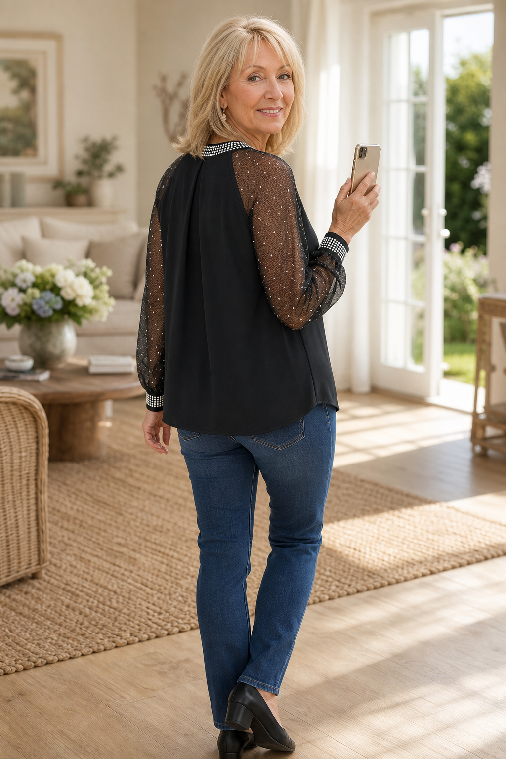 Patricia | Women's Sequin-Trim Sheer-Sleeve Pleated Blouse