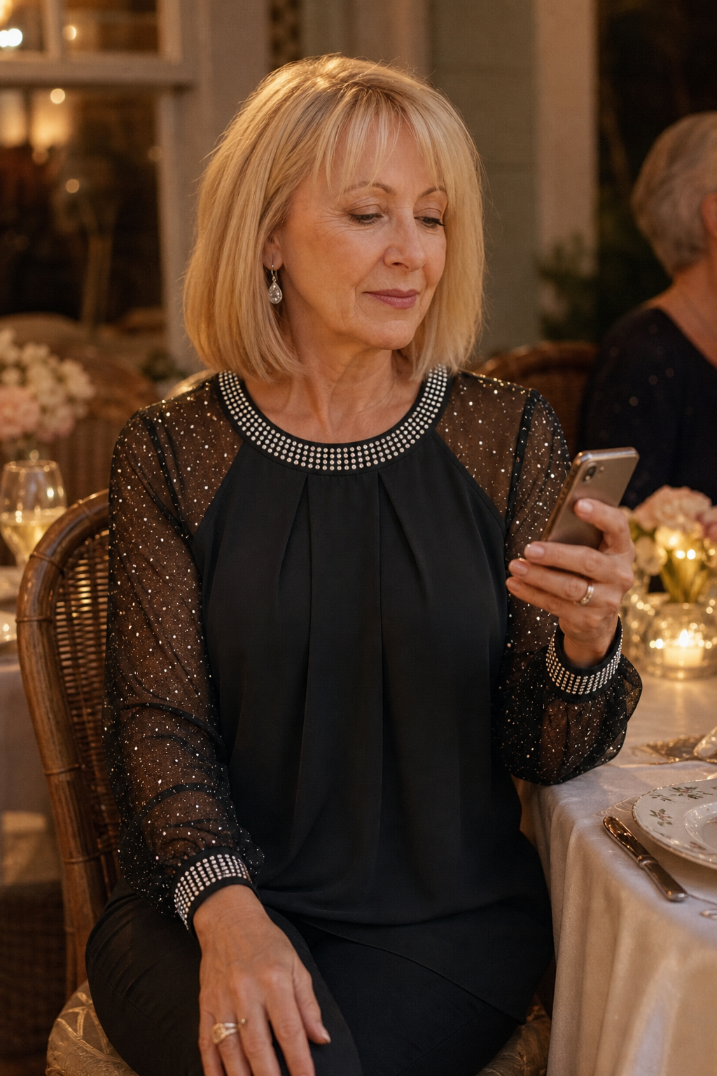 Patricia | Women's Sequin-Trim Sheer-Sleeve Pleated Blouse