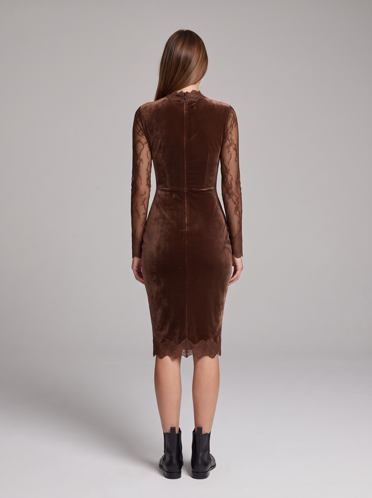 Adele-Alba | Women's Sheer Lace-Sleeve Velvet Midi Dress