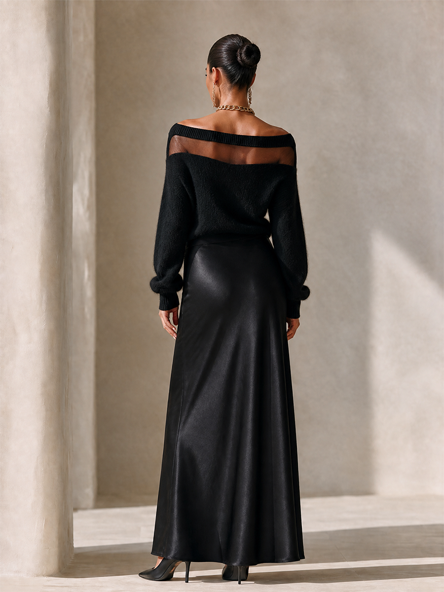Gilda | Women's Sheer Off-Shoulder Sweater & Satin Slit Skirt Set