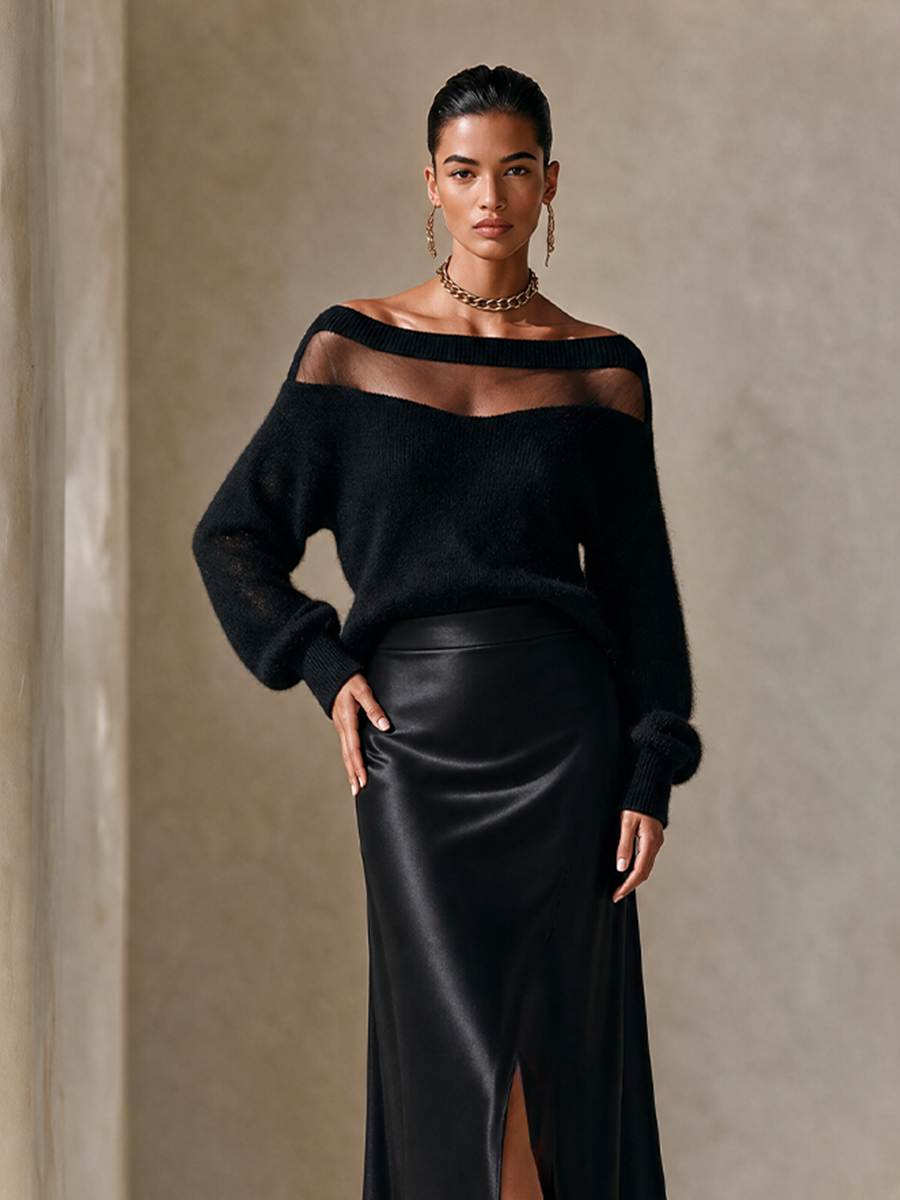 Gilda | Women's Sheer Off-Shoulder Sweater & Satin Slit Skirt Set