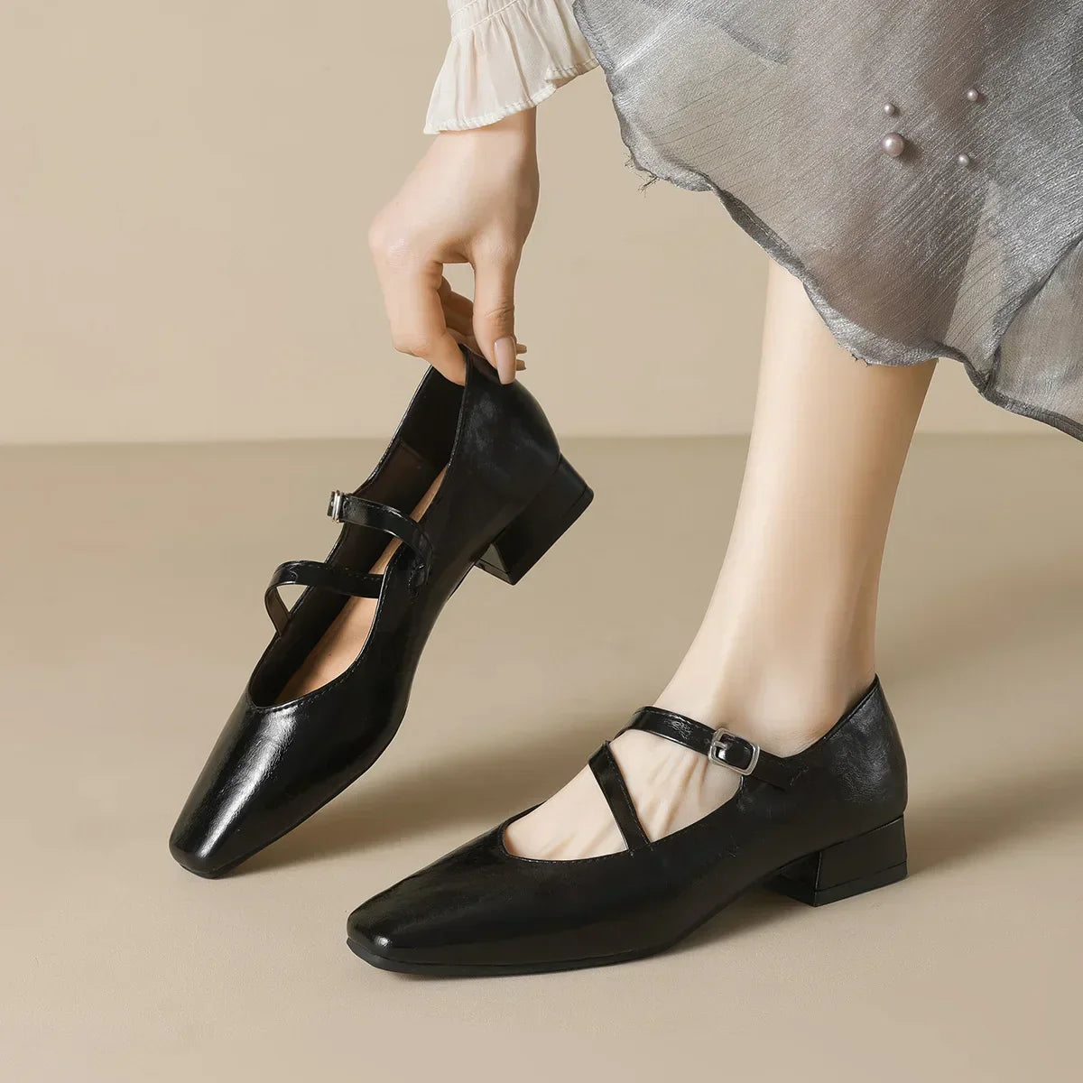 Verna-Leonora | Women's Square-Toe Mary Jane Block Heel Pumps
