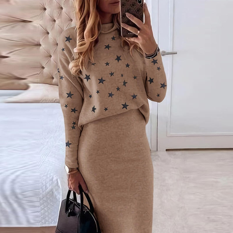 Yvonne-Teresa | Women's Star Print Two-Piece Jumper & Midi Skirt Set