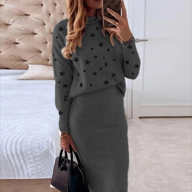 Yvonne-Teresa | Women's Star Print Two-Piece Jumper & Midi Skirt Set