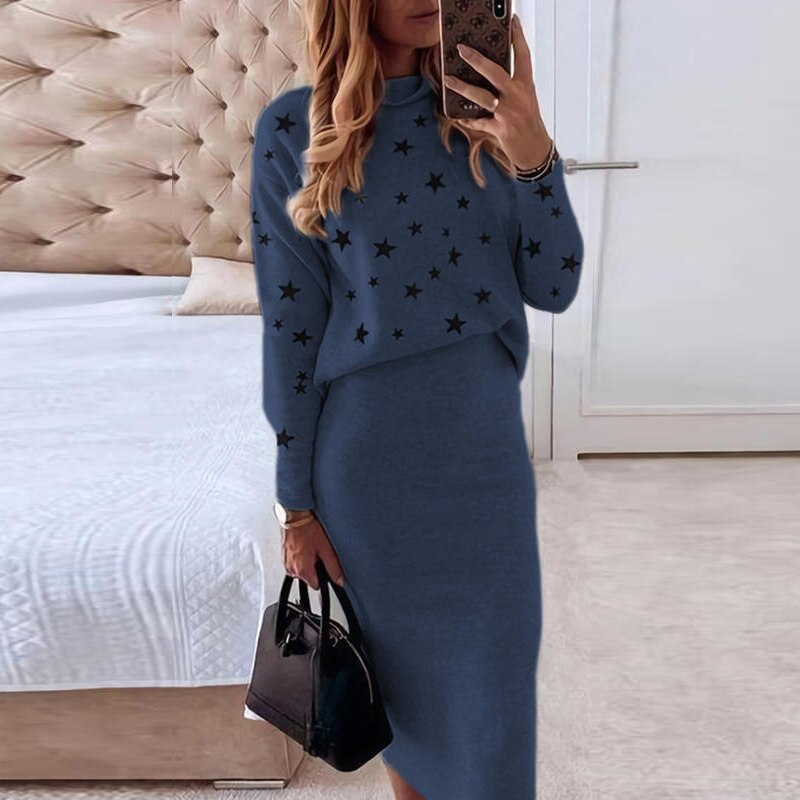 Yvonne-Teresa | Women's Star Print Two-Piece Jumper & Midi Skirt Set