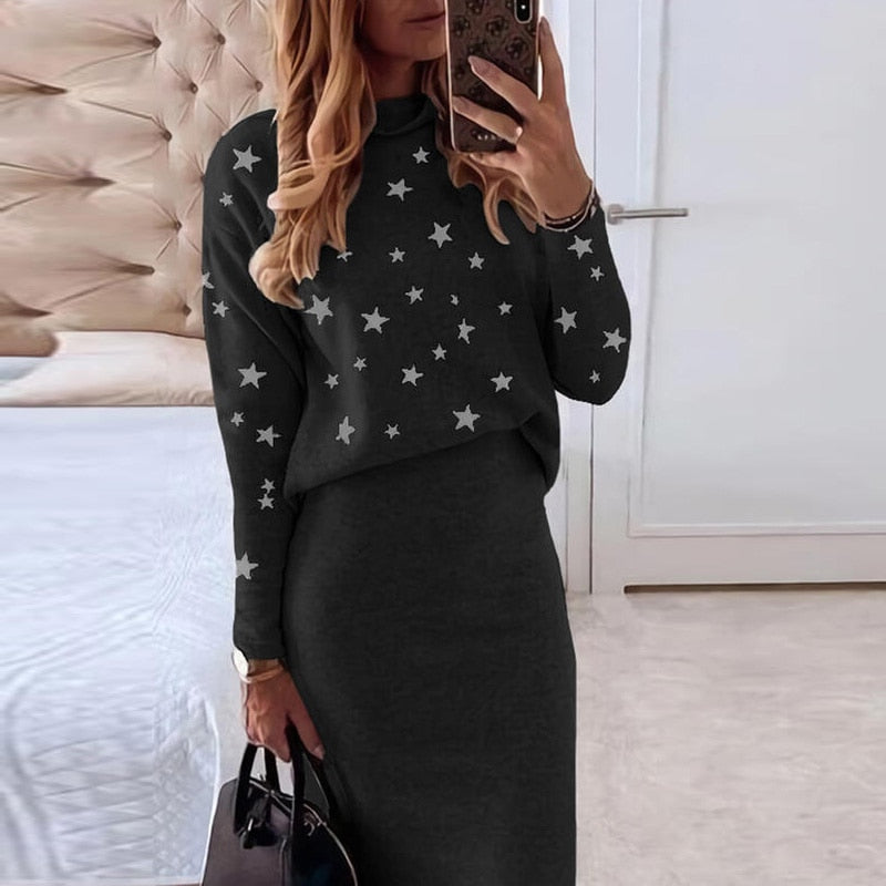 Yvonne-Teresa | Women's Star Print Two-Piece Jumper & Midi Skirt Set