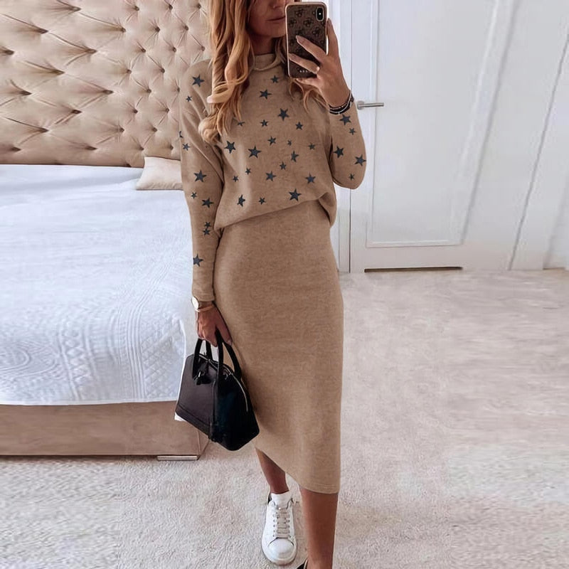 Yvonne-Teresa | Women's Star Print Two-Piece Jumper & Midi Skirt Set