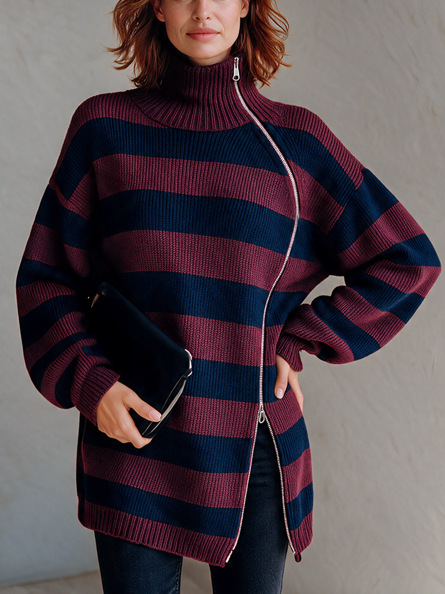 Camilla-Petra | Women's Striped Knit Top with Asymmetric Zipper