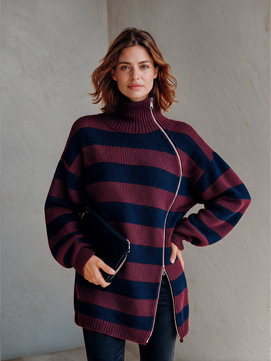 Camilla-Petra | Women's Striped Knit Top with Asymmetric Zipper