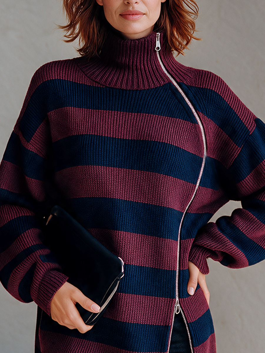Camilla-Petra | Women's Striped Knit Top with Asymmetric Zipper