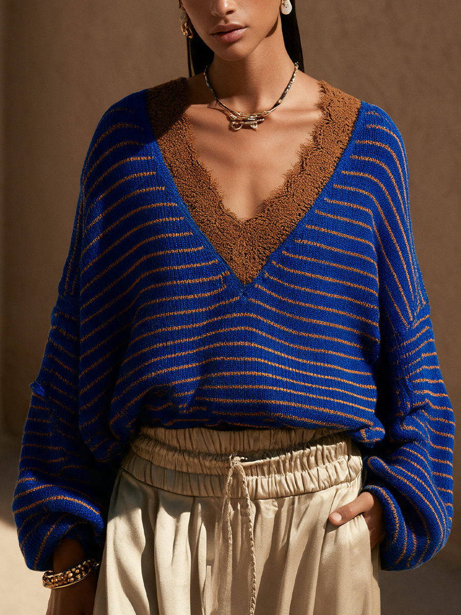 Isabelle-Silvia | Women's Striped Lace-Trim V-Neck Sweater Dress