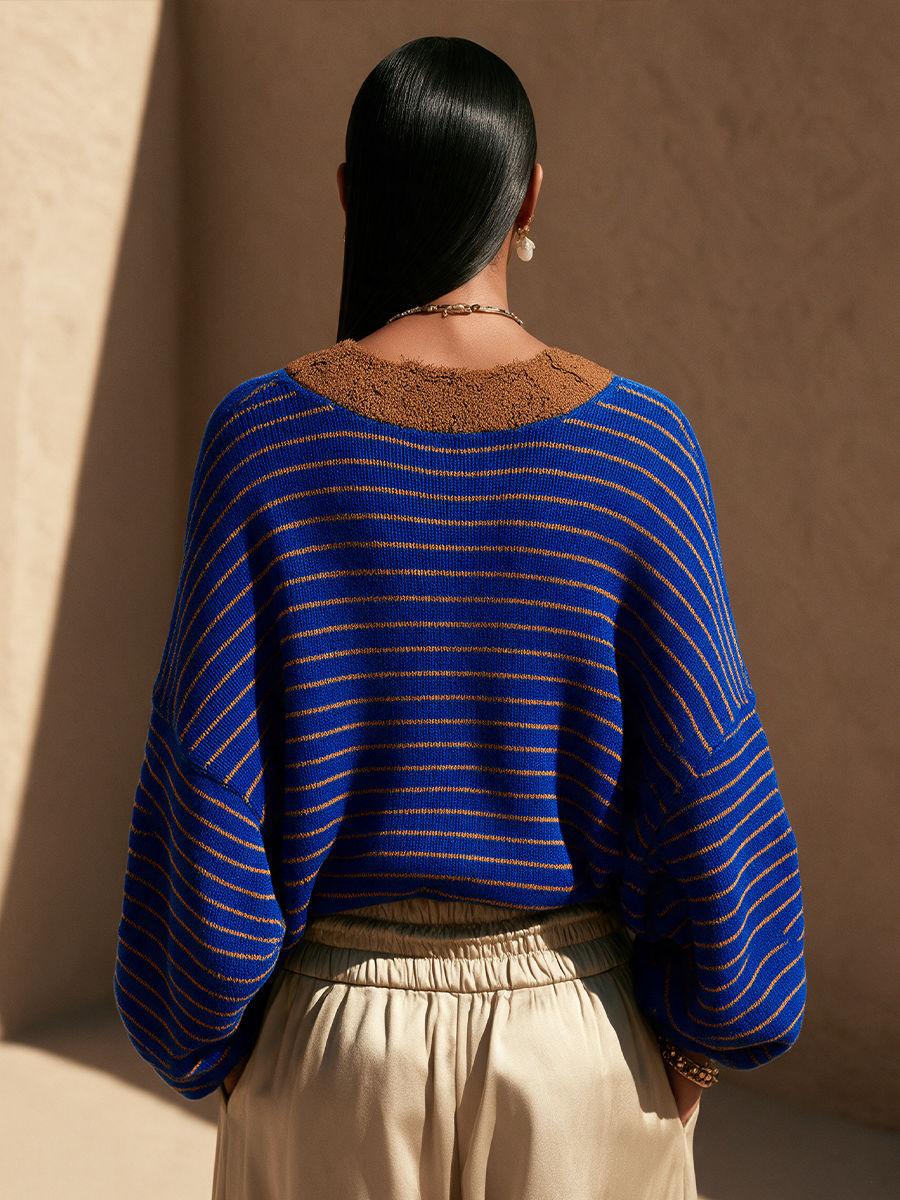 Isabelle-Silvia | Women's Striped Lace-Trim V-Neck Sweater Dress