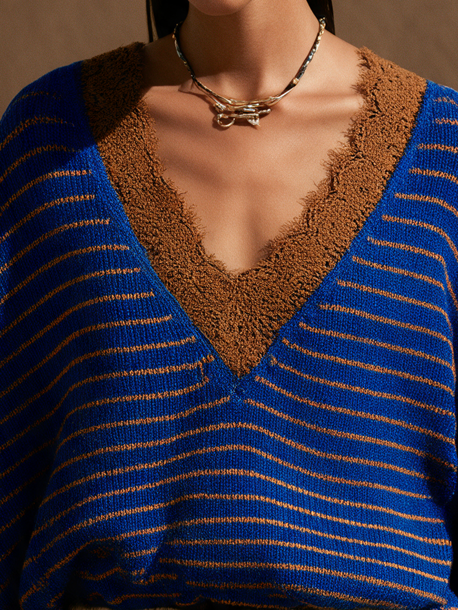 Isabelle-Silvia | Women's Striped Lace-Trim V-Neck Sweater Dress