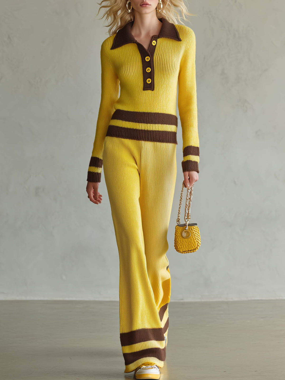 Helena-Lottie | Women's Striped Polo Sweater & Wide-Leg Pants Set