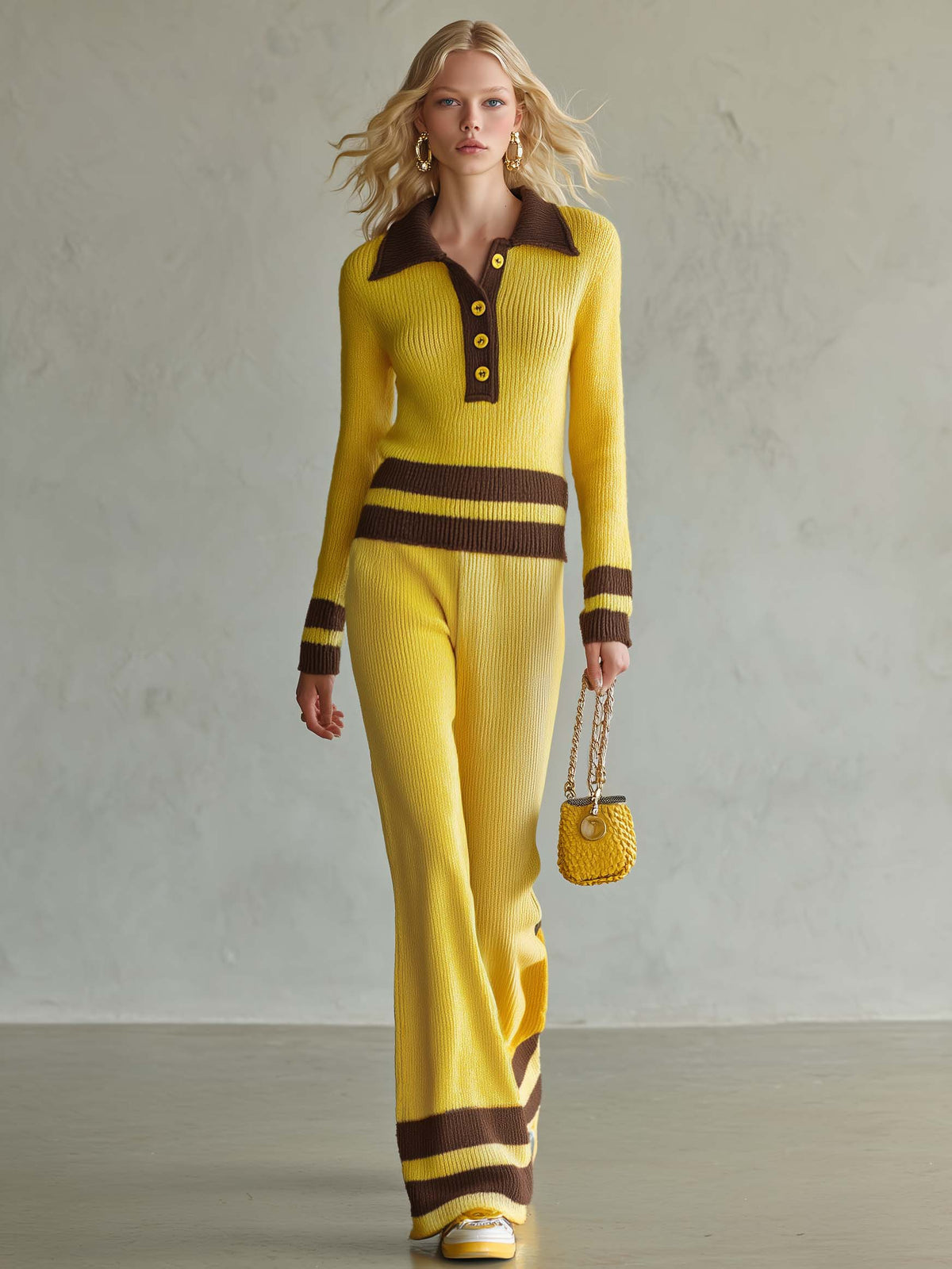 Helena-Lottie | Women's Striped Polo Sweater & Wide-Leg Pants Set