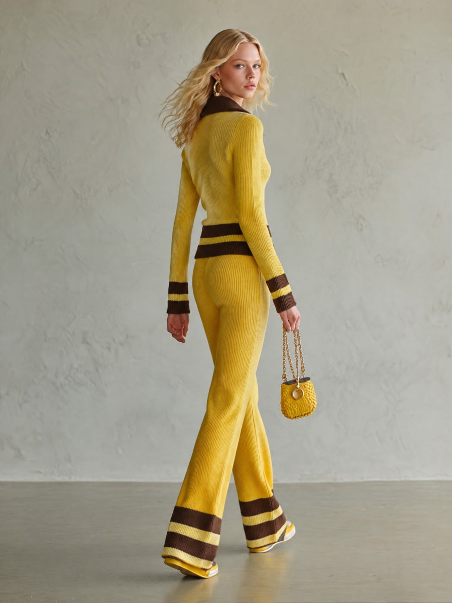 Helena-Lottie | Women's Striped Polo Sweater & Wide-Leg Pants Set