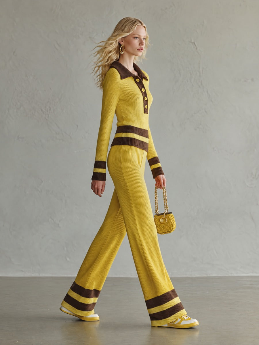 Helena-Lottie | Women's Striped Polo Sweater & Wide-Leg Pants Set