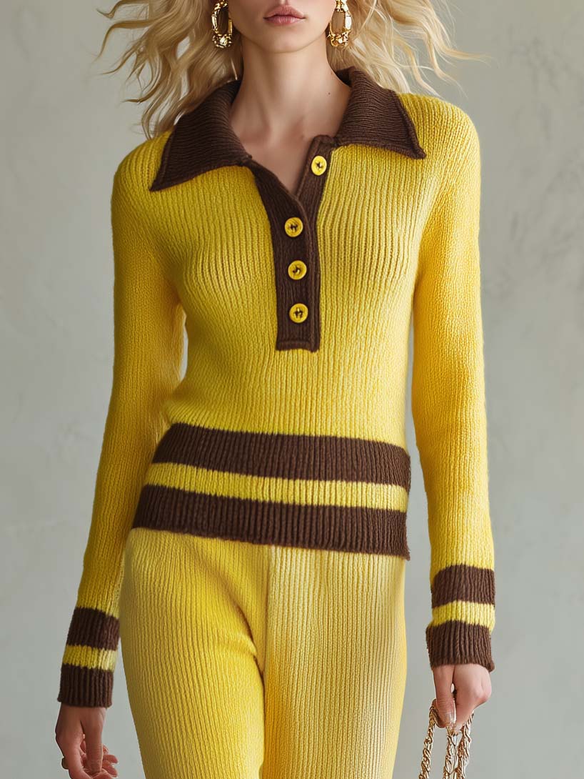 Helena-Lottie | Women's Striped Polo Sweater & Wide-Leg Pants Set