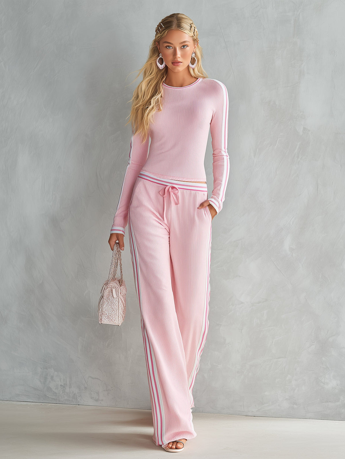 Maureen | Women's Striped-Trim Ribbed Knit Two-Piece Set